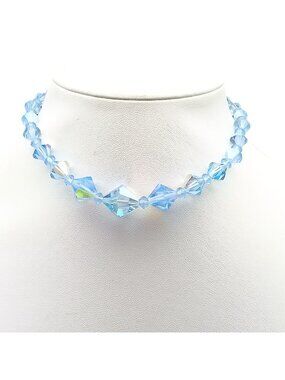 Vintage Blue Aurora Borealis Crystal Beaded Choker Necklace with Adjustable Clas